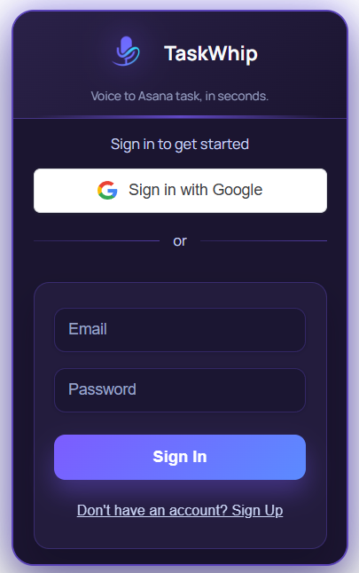 TaskWhip Login Screen